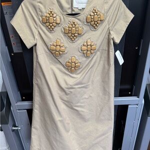 Chic Beige Embellished Mini Dress